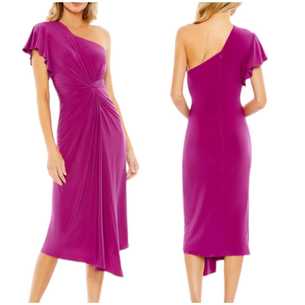 Mac Duggal NWOT Knotted Waist One Shoulder Midi Jersey Dress Size 6 Pink Ruched